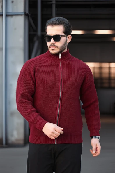 Oversize Selanik Örme Fermuarlı Erkek Hırka- Bordo - 5