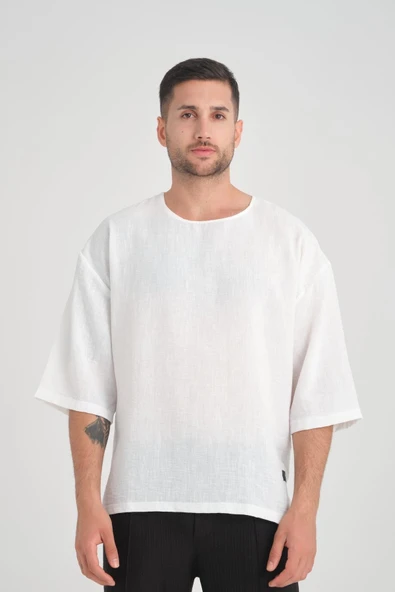 Bisiklet Yaka Fakir Kol Oversize Kısa Kol T-shirt - Beyaz