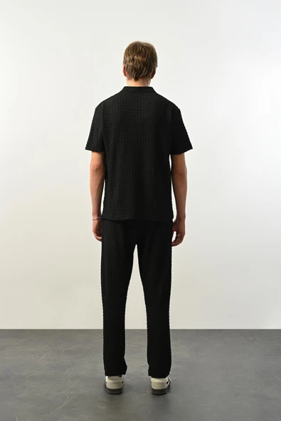 Premium Gölge Dokulu Polo Yaka Erkek T-Shirt - Siyah - 5