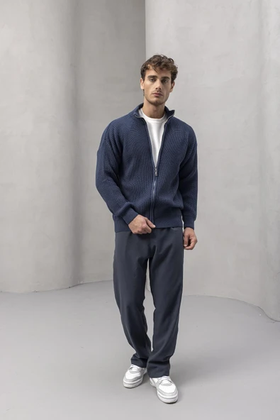 Woody Oversize Selanik Örme Fermuarlı Erkek Hırka- İndigo - Resim 4