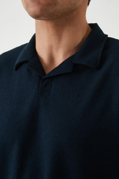 Havlu Kumaş Polo Yaka Erkek T-Shirt - Lacivert - 5