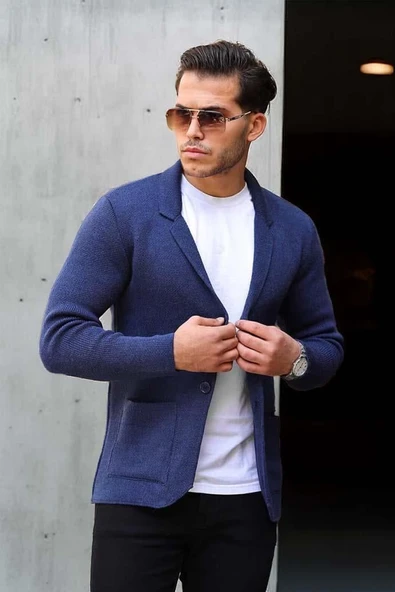 İndigomavisi Erkek Cep Detaylı Triko Ceket - Resim 4