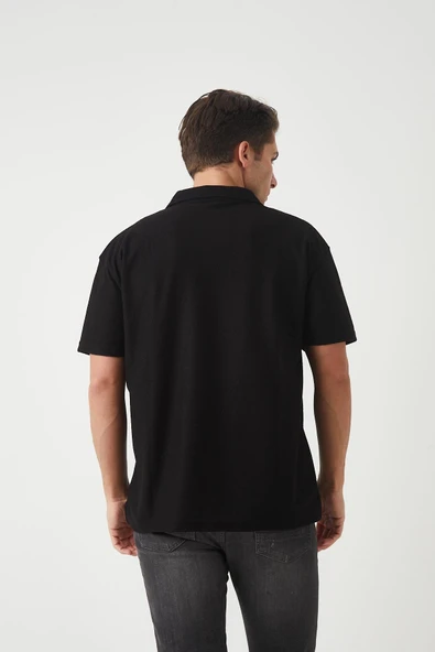 Havlu Kumaş Polo Yaka Erkek T-Shirt - Siyah - 5