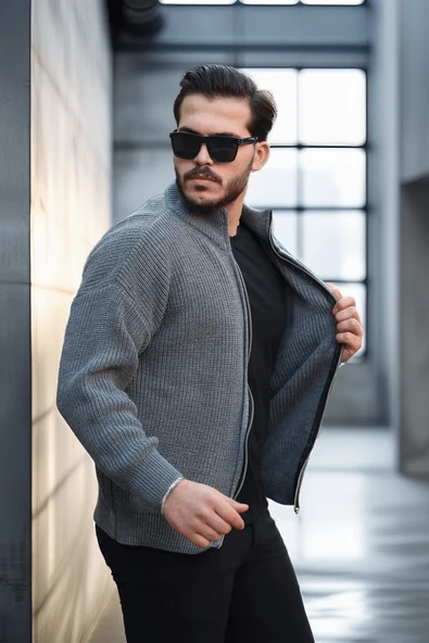 Oversize Selanik Örme Fermuarlı Erkek Hırka- Füme - 2