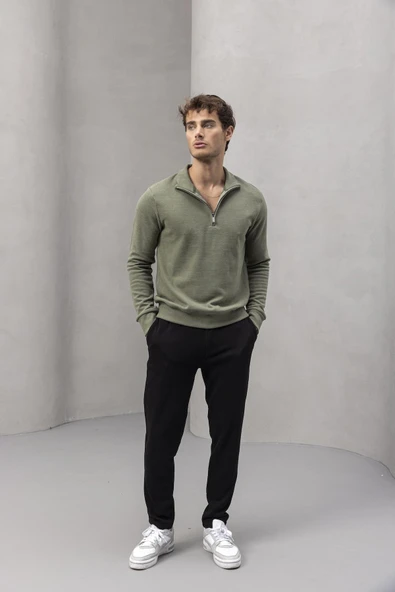 Lars Selanik Örme Kumaş Yarım Fermuar Erkek Sweatshirt - Haki - Resim 4