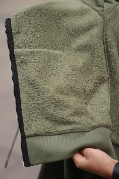 İçi Peluş Üç İplik Kumaş Oversize Fermuarlı Kapüşonlu Sweatshirt- Avcı Yeşili - 5