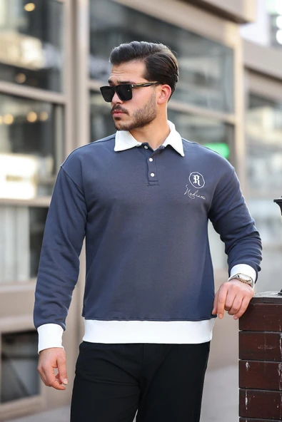 Polo Yaka Düğmeli Nakışlı Sweatshirt - Füme - 3