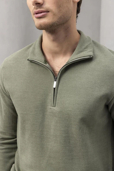 Lars Selanik Örme Kumaş Yarım Fermuar Erkek Sweatshirt - Haki - Resim 3