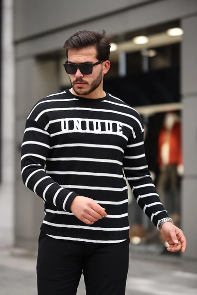 Unique Baskılı Çizgili Erkek Sweatshirt - Siyah - 3