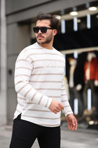 Unique Baskılı Çizgili Erkek Sweatshirt - Bej - 4