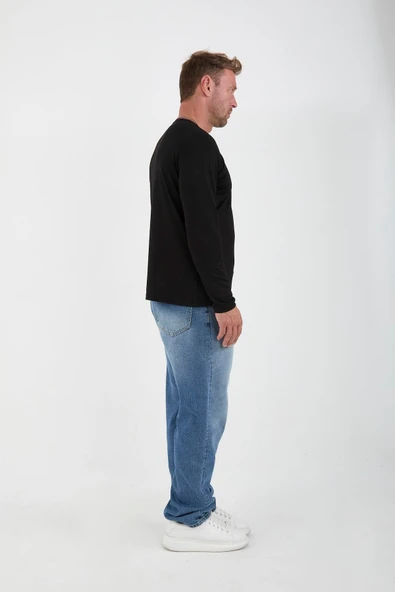 İnterlok Kumaş İnce Uzun Kollu Erkek Sweatshirt - Siyah - 5