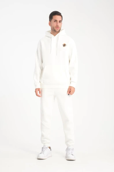 Oversize Puf Baskılı Erkek CozyFit Şardonlu Eşofman Takımı - Ekru - 4