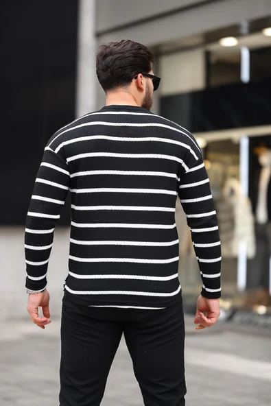 Unique Baskılı Çizgili Erkek Sweatshirt - Siyah - 5