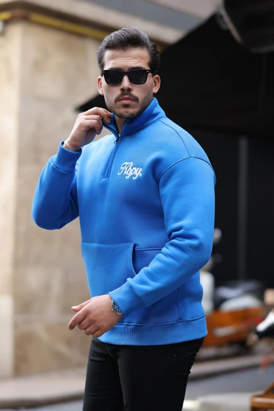 Cozy Kanguru Nakışlı Şardonlu Yarım Fermuar Sweatshirt - Mavi - 4