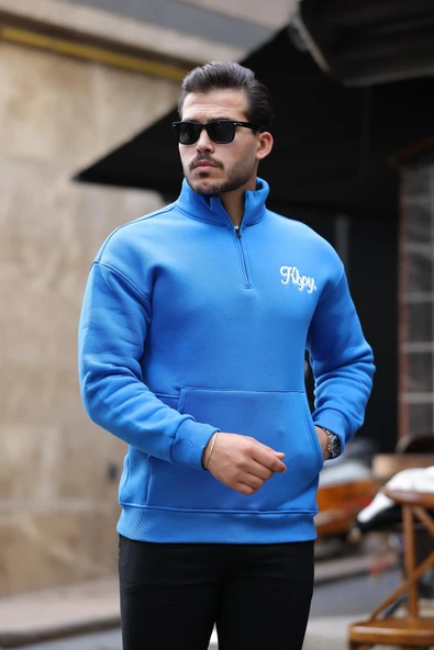 Cozy Kanguru Nakışlı Şardonlu Yarım Fermuar Sweatshirt - Mavi - 3