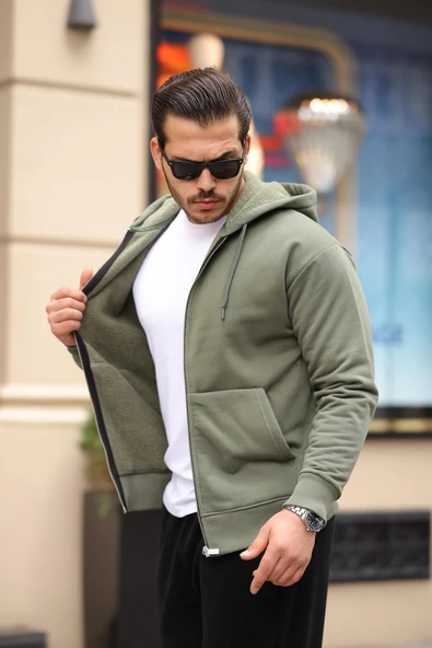 İçi Peluş Üç İplik Kumaş Oversize Fermuarlı Kapüşonlu Sweatshirt- Avcı Yeşili - 3