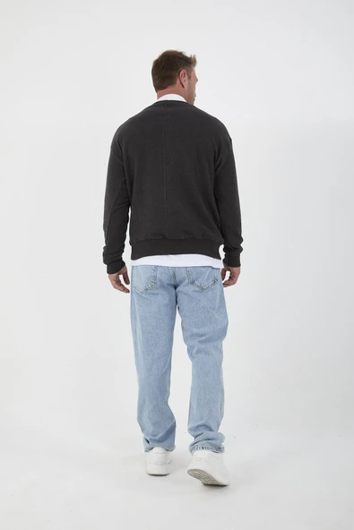 Polo Yaka Selanik Örme Kumaş Erkek Sweatshirt - Füme - 5