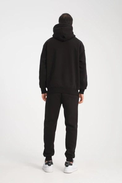 Oversize Puf Baskılı Erkek CozyFit Şardonlu Eşofman Takımı - Siyah - 4