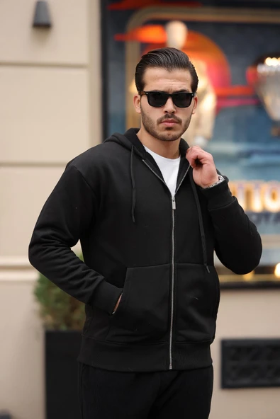İçi Peluş Üç İplik Kumaş Oversize Fermuarlı Kapüşonlu Sweatshirt- Siyah - 7