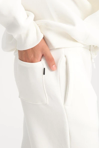 Oversize Puf Baskılı Erkek CozyFit Şardonlu Eşofman Takımı - Ekru - 6