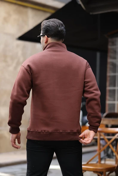 Cozy Kanguru Nakışlı Şardonlu Yarım Fermuar Sweatshirt - Kahve - 5