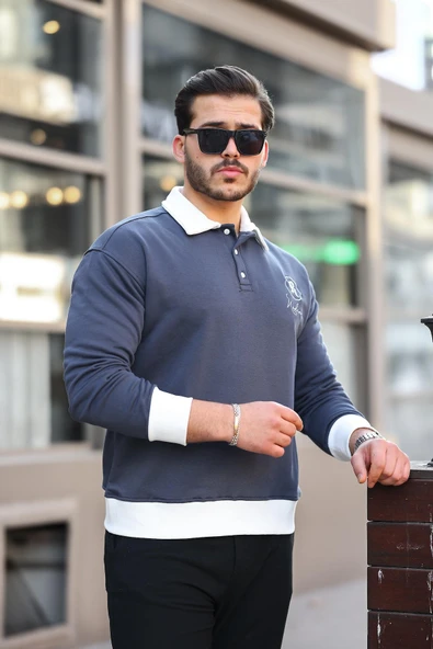 Polo Yaka Düğmeli Nakışlı Sweatshirt - Füme - 5