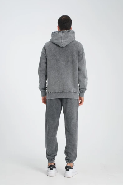 Oversize Yıkamalı Şardonlu Erkek Eşofman Takımı - Antrasit - 5