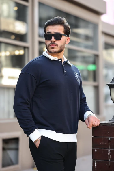 Polo Yaka Düğmeli Nakışlı Sweatshirt - Lacivert - 2