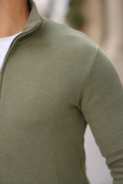 Selanik Örme Kumaş Yarım Fermuar Erkek Sweatshirt - Haki - 7