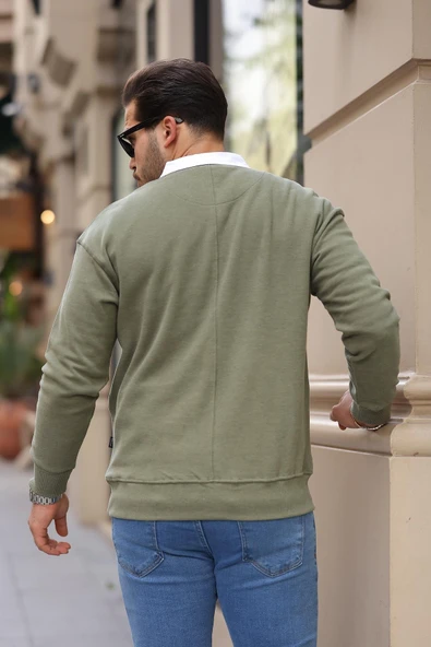 Polo Yaka Selanik Örme Kumaş Erkek Sweatshirt - Açık Haki - 7