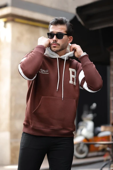 Sportif Şerit Detaylı Şardonlu Kapüşonlu Sweatshirt - Kahve - 4