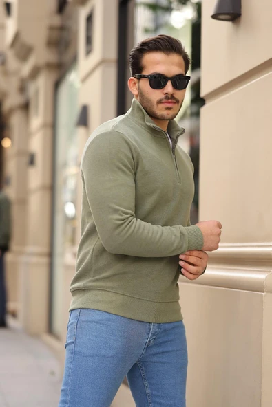 Selanik Örme Kumaş Yarım Fermuar Erkek Sweatshirt - Haki - 3