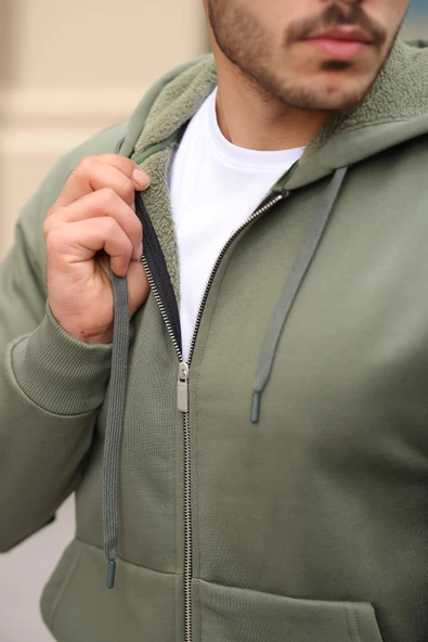 İçi Peluş Üç İplik Kumaş Oversize Fermuarlı Kapüşonlu Sweatshirt- Avcı Yeşili - 2