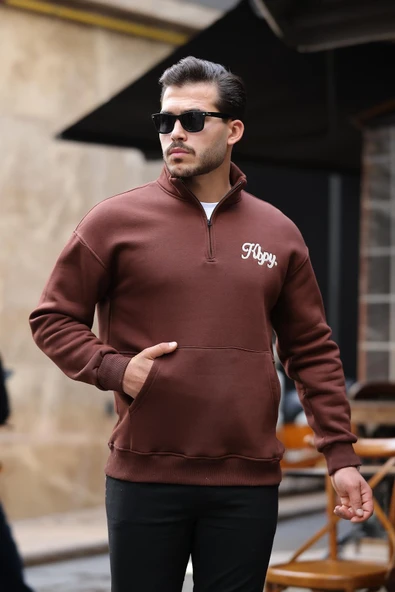 Cozy Kanguru Nakışlı Şardonlu Yarım Fermuar Sweatshirt - Kahve - 3