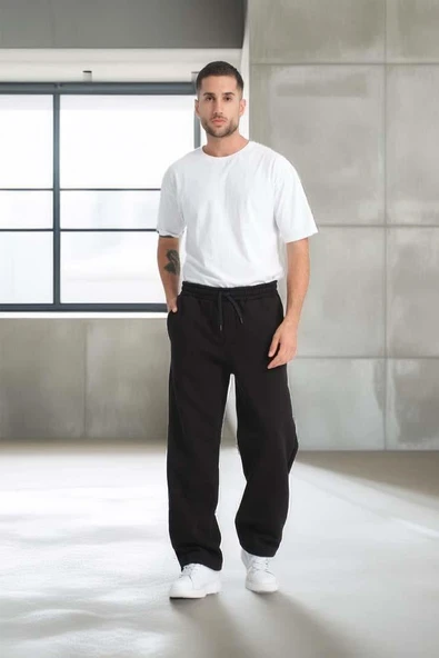 Baggy Kalıp 3 İplik Şardonlu Erkek Eşofman Altı - Siyah - Resim 4