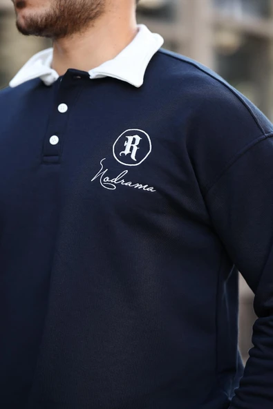 Polo Yaka Düğmeli Nakışlı Sweatshirt - Lacivert - 3