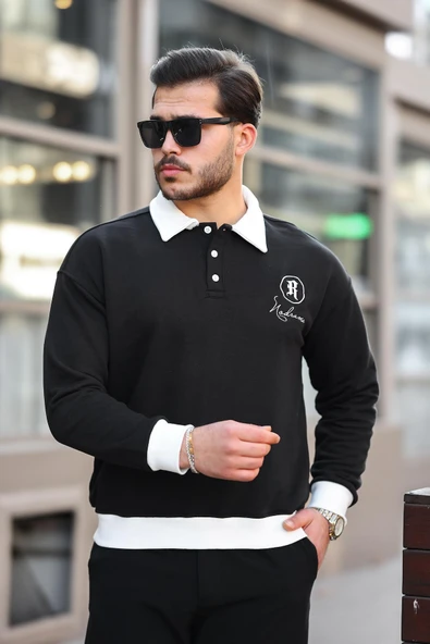 Polo Yaka Düğmeli Nakışlı Sweatshirt - Siyah - 2