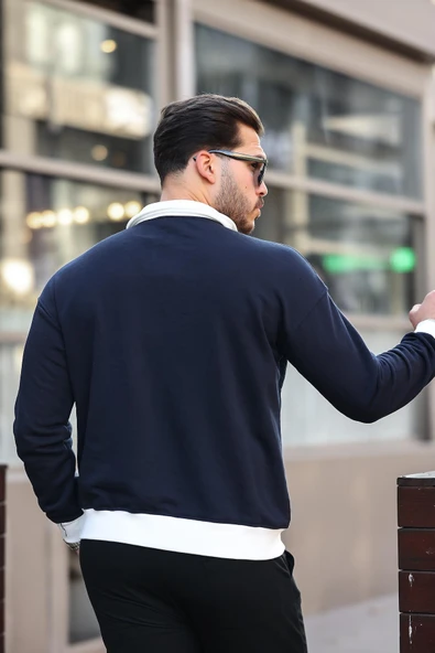 Polo Yaka Düğmeli Nakışlı Sweatshirt - Lacivert - 5