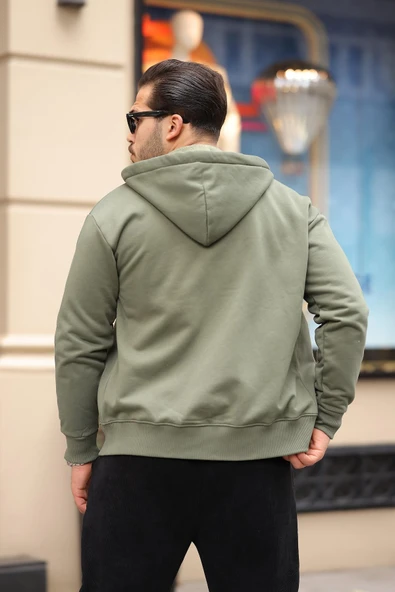 İçi Peluş Üç İplik Kumaş Oversize Fermuarlı Kapüşonlu Sweatshirt- Avcı Yeşili - 6