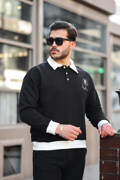 Polo Yaka Düğmeli Nakışlı Sweatshirt - Siyah - 4