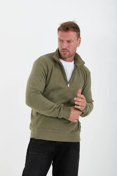 Selanik Örme Kumaş Yarım Fermuar Erkek Sweatshirt - Haki - 5