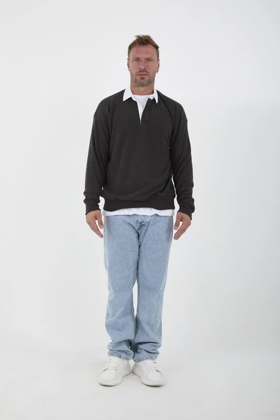 Polo Yaka Selanik Örme Kumaş Erkek Sweatshirt - Füme - 3