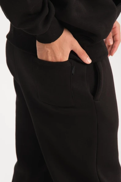 Oversize Puf Baskılı Erkek CozyFit Şardonlu Eşofman Takımı - Siyah - 6