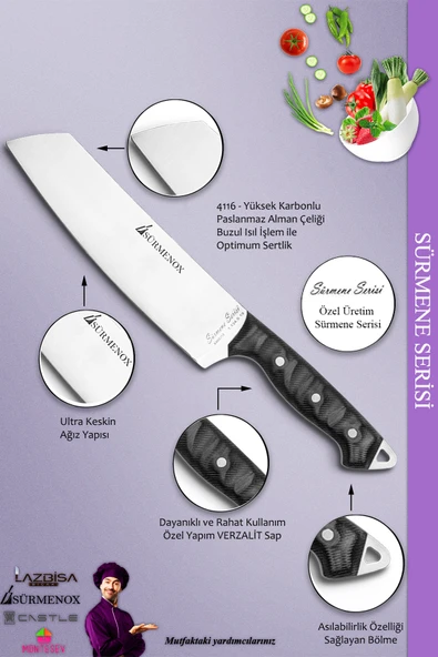 Sürmene Serisi Mutfak Şef Bıçak Seti Et Ekmek Sebze Salata Şef Bıçağı 2 Li Set Siyah  ( Mft-011 ) - 3