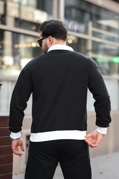 Polo Yaka Düğmeli Nakışlı Sweatshirt - Siyah - 5