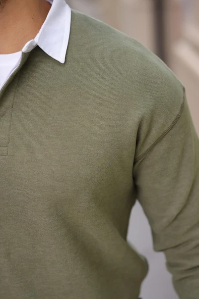 Polo Yaka Selanik Örme Kumaş Erkek Sweatshirt - Açık Haki - 3