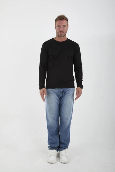 İnterlok Kumaş İnce Uzun Kollu Erkek Sweatshirt - Siyah - 4