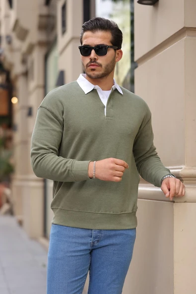 Polo Yaka Selanik Örme Kumaş Erkek Sweatshirt - Açık Haki - 6