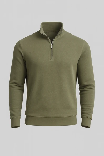 Lars Selanik Örme Kumaş Yarım Fermuar Erkek Sweatshirt - Haki ürün görseli