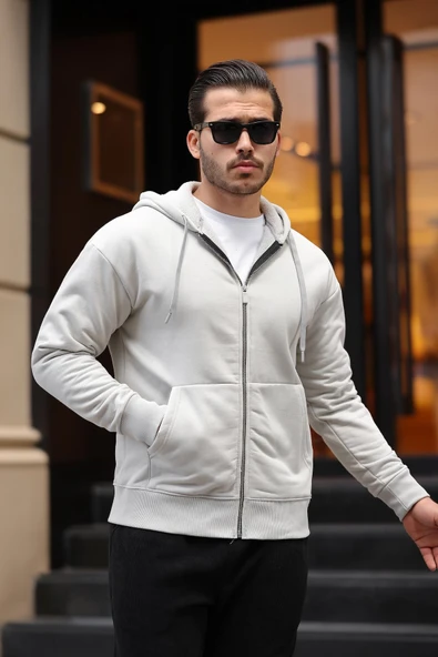 İçi Peluş Üç İplik Kumaş Oversize Fermuarlı Kapüşonlu Sweatshirt- Mineral Gri - 3